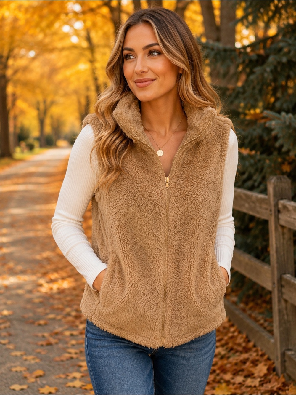 Angashion Women’s Cozy Sherpa Fleece Vest – Beige/Tan – Size M
